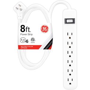 GE 6-Outlet Power Strip, 8 Ft Extension Cord, Heavy Duty Plug, Grounded, Integrated Circuit Breaker, 3-Prong, Wall Mount, UL Listed, White, 67122