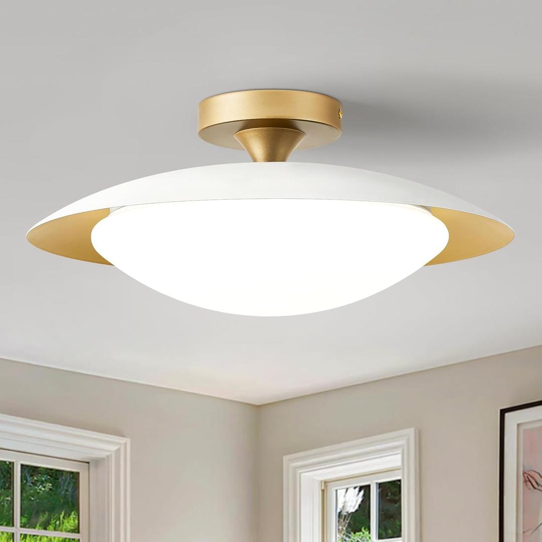 Dimmable Mid Century Modern Ceiling Light, 5CCT LED White and Gold Semi Flush Mount Ceiling Lighting, for Kitchen Bedroom Hallway Bathroom 2700K-6000K, 15.75 in