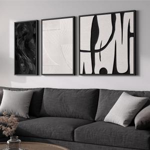 Framed Black and White Abstract Wall Art for Living Room, 3 Piece Canvas Prints Paintings Artwork for Walls, Modern Minimalist Abstract Pictures for Bedroom, Dining Room, Office Wall Decor