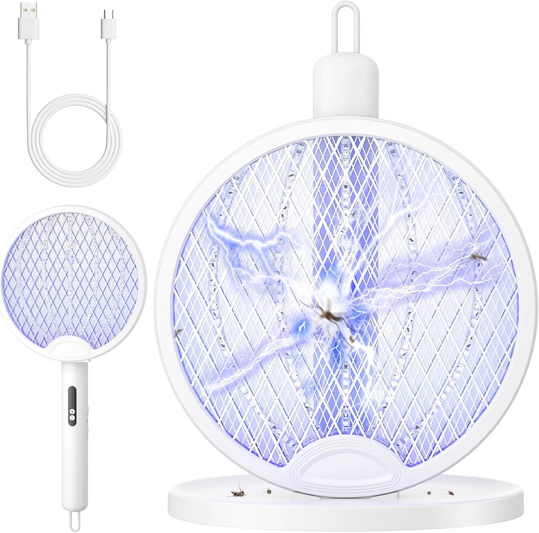 YISSVIC 2 in 1 Mosquito Killer Racket, 4000V Foldable Electric Fly Swatter with Charging Base & Purple Light, Rechargeable 1800mAh Bug Zapper Indoor for Home, Patio, Backyard, Camping Use