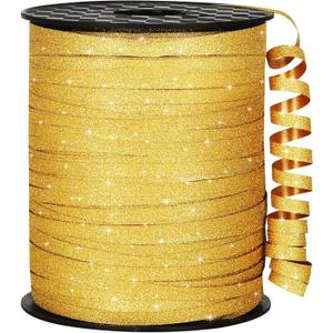 500 Yards Gold Ribbon Curling Glitter, Balloon String, Shiny Metallic Curly Roll for Gift Wrapping Ribbon for Christmas, New Years, Graduations, Birthday Decoration, 3/16"