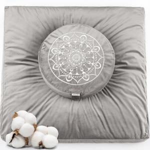 Hihealer Meditation Cushion, Traditional Tibetan Meditation Pillow Velvet Cover - Large Floor Cushion Seating for Adults - Yoga Buckwheat Bolster for WomenMoms (Sliver Grey(set))