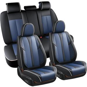 KEYOOG 5-Seater Car Seat Covers Full Set Waterproof and Breathable Nappa Leather, Fit for Front and Rear Seats of Cars, Compatible with Airbags, Scratch Resistant and Wear-Resistant - Blue Black