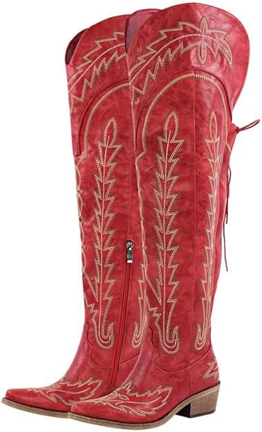 sexytag Cowgirl Boots Thigh High Wide Calf Embroidered Western Cowboy Boots 10