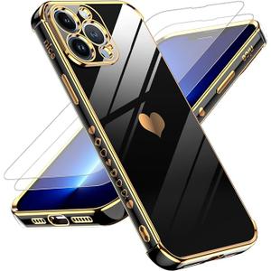 LeYi for iPhone 13 Pro Max Case: with Tempered Glass Screen Protector [2 Pcs]+ Full Camera Lens Protection,Love Heart Plating Women Cute Luxury Soft TPU Shockproof Case for 13 Pro Max,Black 3Pcs