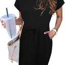 Womens Summer Dresses 2025 Casual Tie Front Short Sleeve A Line Midi Shirt Dress Beach Vacation Clothes (Black, S)