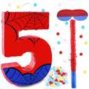 16 Inch Number 5 Spider Pinata with 16 Inch Piñata Stick Blindfold Confetti for Boy Girl Kids 5th Birthday Party Decorations (5th)