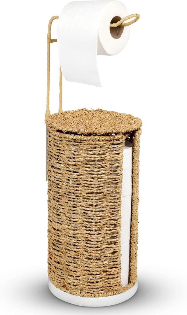 Freestanding Wicker Toilet Paper Holder with Lid, 3 Rolls of Toilet Tissue Storage, Rattan Handmade Woven Toilet Paper Roll Holder Stand, Decorative Boho Bathroom Farmhouse Toilet Paper Holder