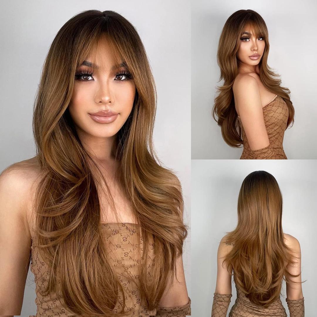 N NAYASA Light Brown Wigs for Women Brown Wig with Bangs 24Ombre Brown Wig with Dark Roots Long Layered Wig Heat Resistant Synthetic Wig Natural Looking Wigs for Daily Party Use