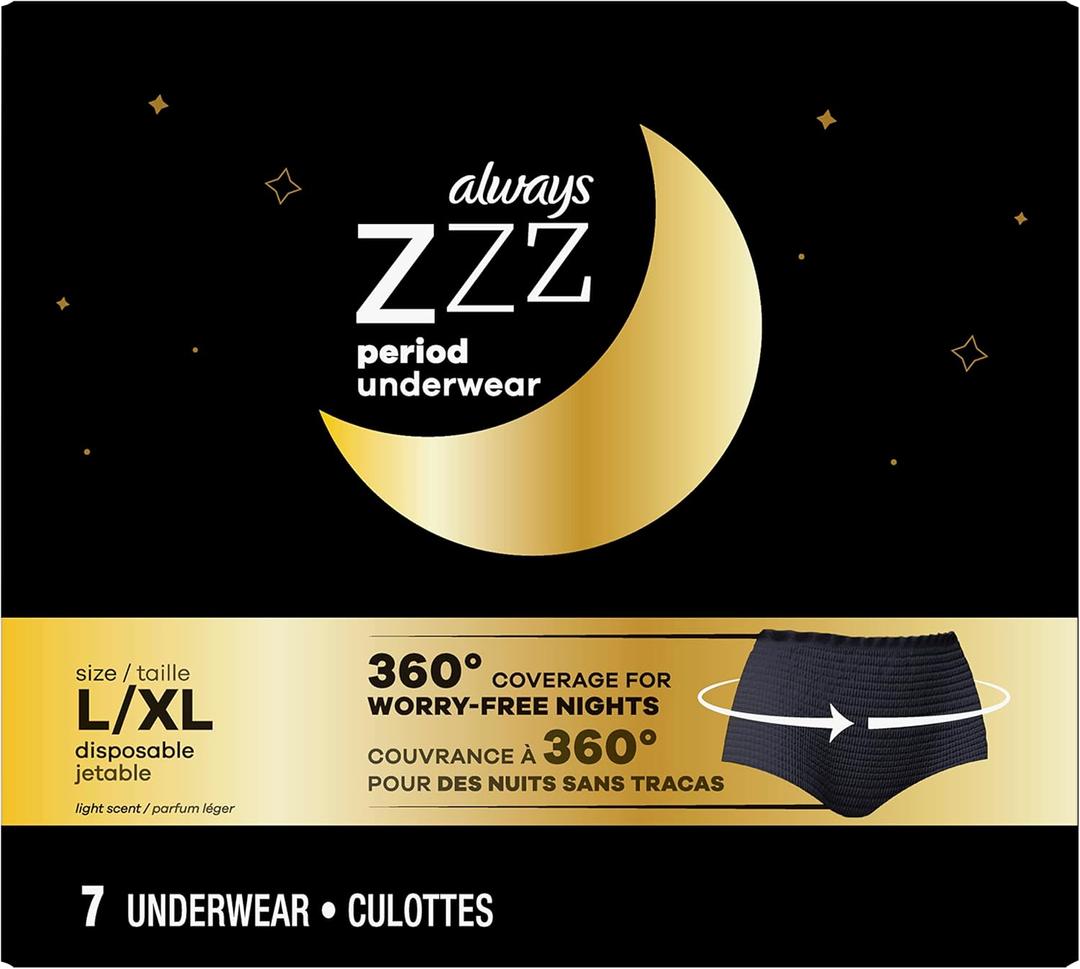 Always ZZZ Overnight Disposable Period Underwear for Women Size LG, 360 Coverage, 7 Count