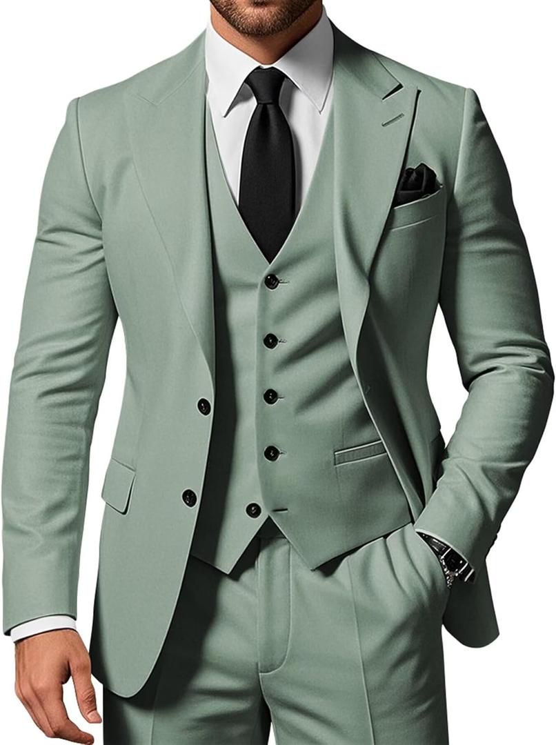SPTALLFITJSV Dusty Green Men's 3 Piece Suit Wedding Prom Suits for Men Solid Slim Fit Single Breasted Peak Lapel Two Button Suit Blazer Set Small