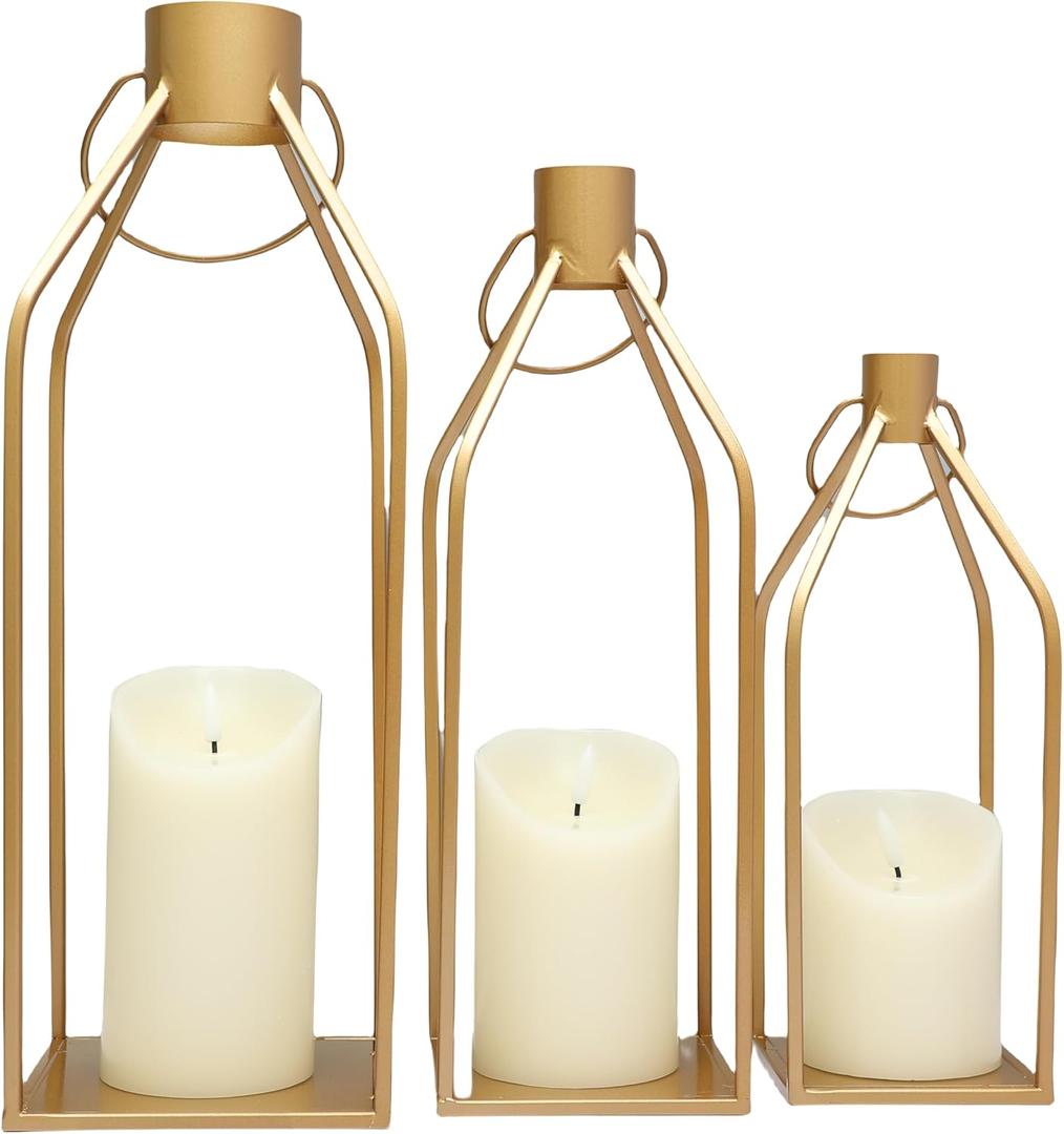 Lanterns Decorative Tall Large Gold Metal Candle Lanterns Set of 3- Modern Farmhouse Decor for Indoor,Outdoor,Tabletop,Porch (No Glass NO Candles)