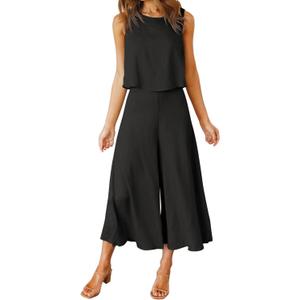 ROYLAMP Women's Summer 2 Piece Outfits Round Neck Crop Basic Top Cropped Wide Leg Pants Set Jumpsuits (Medium, Black)