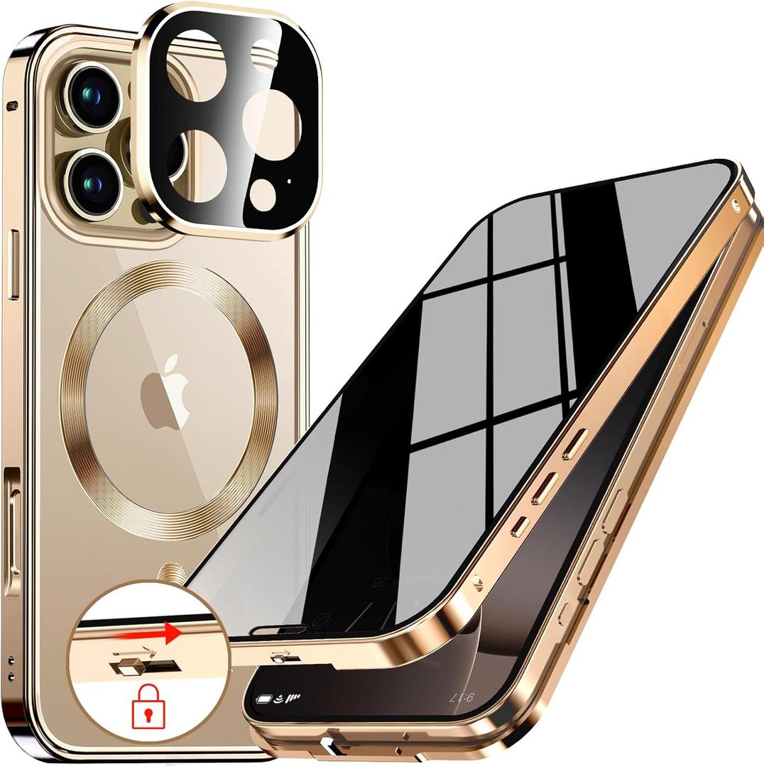[CD Metal Ring & Automatic Pop-up Lock Magnetic Privacy Case for iPhone 16 Pro Max [Compatible with MagSafe] [Integrated Lens Protection] Full Body Bumper Cover with Built-in 9H Glass-Gold