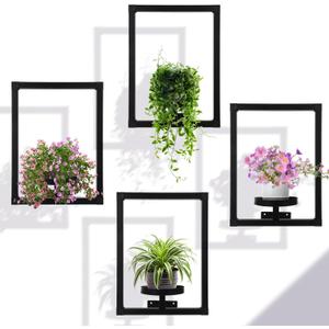 4 Pcs Wall Plant Holder Wall Planters for Indoor Plants Metal Window Planters Shelves Picture Frame for Indoor Outdoor Living Room Balcony Garden(Rectangle Style)