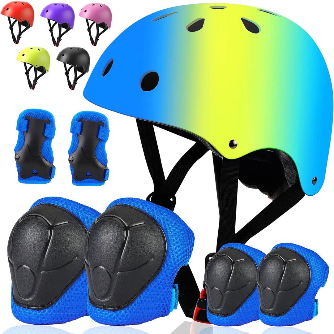 Toddler Kids Bike Helmet Set with Knee Elbow Pads, Adjustable Cycling Helmet for Little Boy Girl Protective Gear (Medium: 21.7"-22.8" /55-58cm, BlueYellowBlue-1)