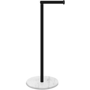 Toilet Paper Holder Stand with Marble Base, Free Standing Natural Stone Base Tissue Paper Storage with Reserve, Matte Black Space Toilet Bath 4 Rolls Holder for Bathroom/Kitchen Countertop (Single Rod)