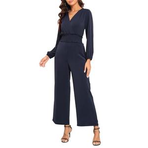YUNDAI Womens Jumpsuit Fall Long Sleeve V Neck Casual Loose One Piece Outfits Wrap Waist Pants Long Romper with Pockets, XXL