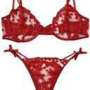 Sexy Underwire Cute Push Up Strappy Embroidered Mesh Sheer Lingerie Set See Through Panty Bra (Medium)