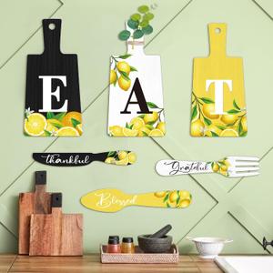 Qunclay 6 Pcs Lemon Cutting Board Eat Sign Set Fall Hanging Art Kitchen Eat Sign Lemon Knife Fork and Spoon Wall Decor Rustic Primitive Farmhouse Kitchen Christmas Decor(Black, White, Yellow)