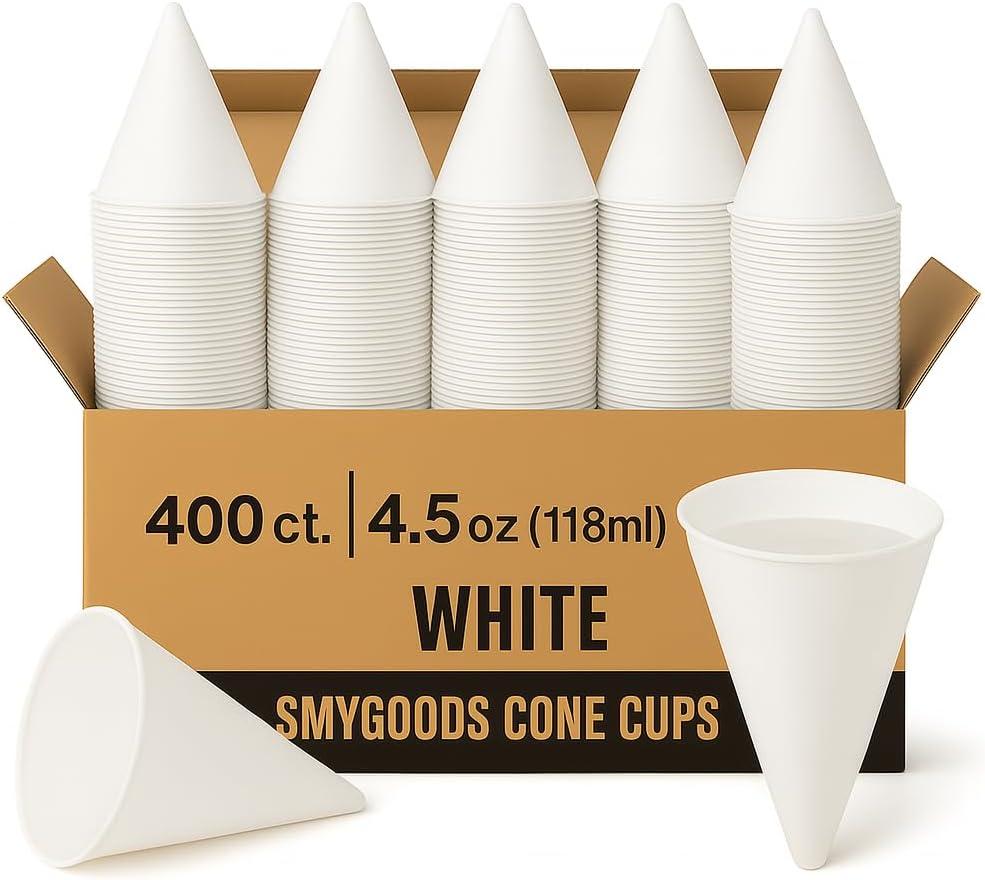 Smygoods Disposable White Paper Cone Cups (Pack of 400-4.5 oz) Eco-Friendly, Leak-Proof, Ideal for Events, Water Coolers, Quick Hydration & Efficient Cleanup