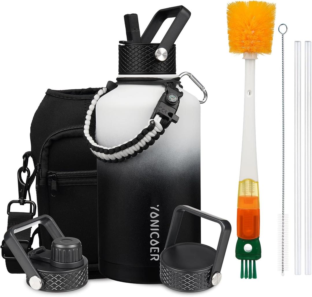 Insulated Water Bottle 64oz,Triple Wall Vacuum Stainless Steel(Dishwasher Safe),Leak Proof & Non-BPA,Flask Jug with Paracord Handle & Straw Spout Lids Sports Gradient black