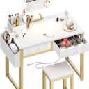 Lufeiya Small Makeup Vanity Desk with Mirror and Light, 32 inch White Vanity Desks Sets with Fabric Drawers for Girls Teen, Dressing Table and Chair Set with Power Outlet for Bedroom, White Gold (31.5")