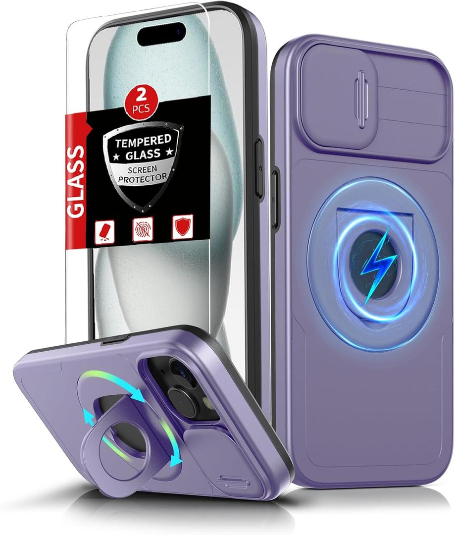 for iPhone 15 Case Magnetic Compatible with MagSafe Wireless Charging,with 2Screen Protectors,Built-in Kickstand Ring,with Camera Cover Shock-Absorbent Shockproof Heavy Duty Protection Purple
