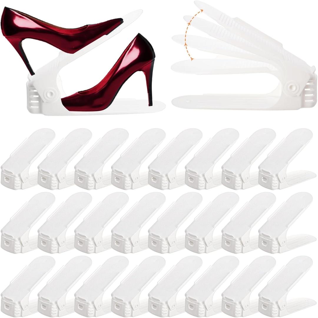 24 Packs Shoe Slots Organizer, Adjustable 4 Level Shoe Stacker, Double Layer Stack Shoe Holder, White Plastic Shoes Space Saver, Thickening Shoe Rack Holder for Closet Organization