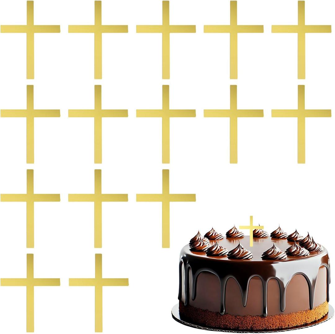 5 x ONLYKXY 15pcs Gold Small Cross Cake Side Decor Acrylic Cross Cupcake Topper Glitter Pick for Theme Party Craft DIY,Bless,Wedding, Bridal Shower,Christmas,Hallowmas,Birthday Baptism,1.77x2.36in