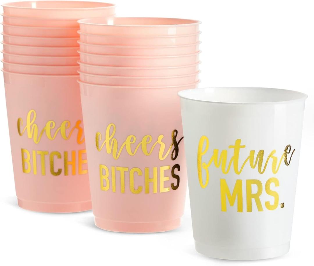 BLUE PANDA 16-Pack Bachelorette Party Cups, Reusable Bride and Bridesmaid Cups for Bridal Shower Party, Bachelorette Favors and Bridesmaid Gifts, Future Mrs + Cheers (16 oz)