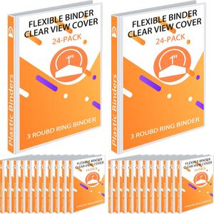 Fulmoon 24 Pcs 3 Ring Plastic Binders Bulk with 2 Pockets Flexible Binder with Transparent View Cover Plastic Binder for Home Office (1 Inch,White)
