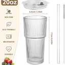 20OZ Glass Tumbler with Straw and Lid,Glass Cups with Lids and Straws,2PCS Ribbed Iced Coffee Cups Vintage Glassware for Juice Whiskey Cocktail Beer