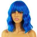 Short Bob Wavy Wig with Bangs for Women Loose Curly Shoulder Length Synthetic Cosplay Wig Bob for Girl Colorful Costume Wigs (Blue)