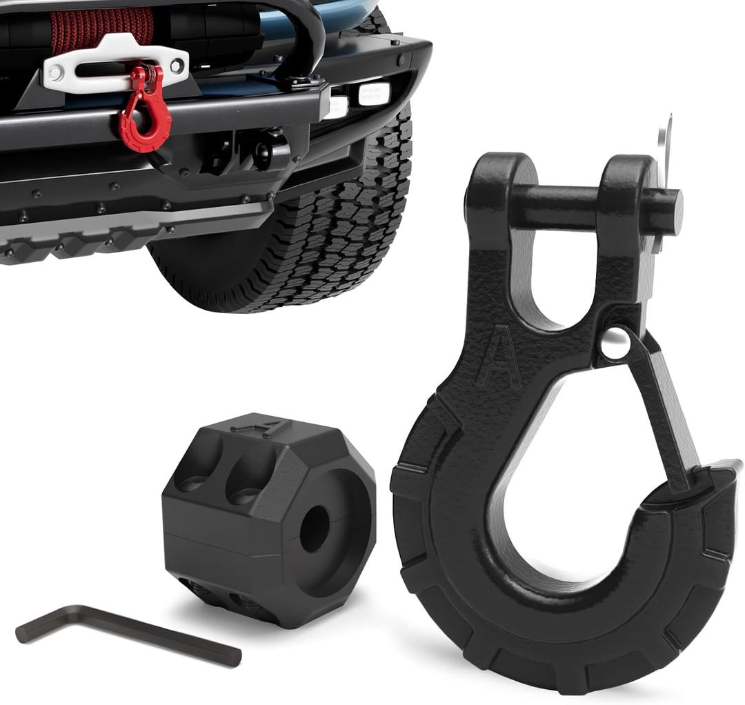 3/8" Winch Hook & Winch Cable Hook Stopper Sets, Heavy Duty Grade 70 Forged Steel Recovery Hook with Safety Latch, Included Allen Wrench,Max 37,478 Lbs, Black