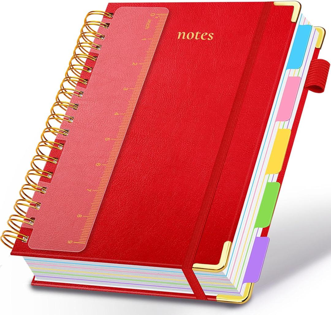 Hardcover Spiral Notebook 8"x10" Journal Notebook with Tabs and Removable Dividers 300 Pages 5 Subject Notebook College Ruled, Faux Leather Spiral Bound Notebook for Women, Students, School Work (Red)