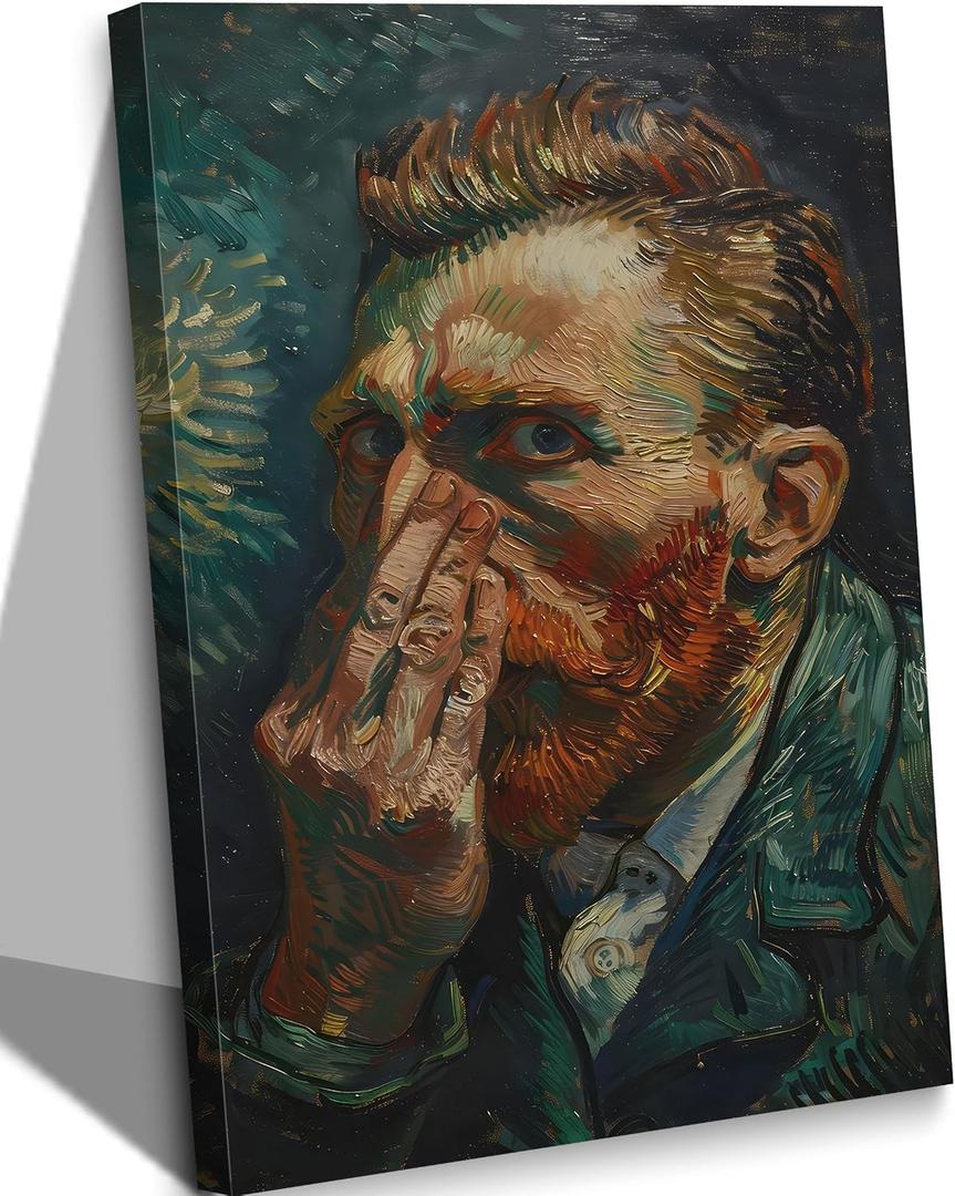 Funny Bathroom Canvas Wall Art Self Portrait Impressionist Poster Print Humorous Pinching Nose Painting Vintage Abstract Picture Wall Decor for Bedroom Living Room Office Bathroom 16x24in Framed