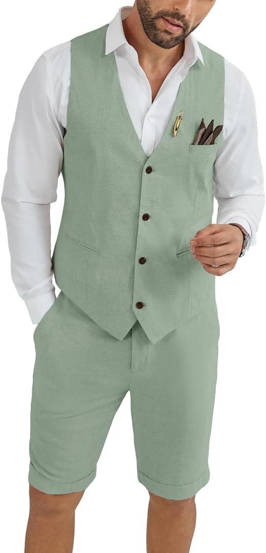 Mens Linen Suit 2 Piece Short Suits for Men Casual Summer Beach Groom Wedding Suit Linen Vest Shorts Set (4X-Large, Sage Green)