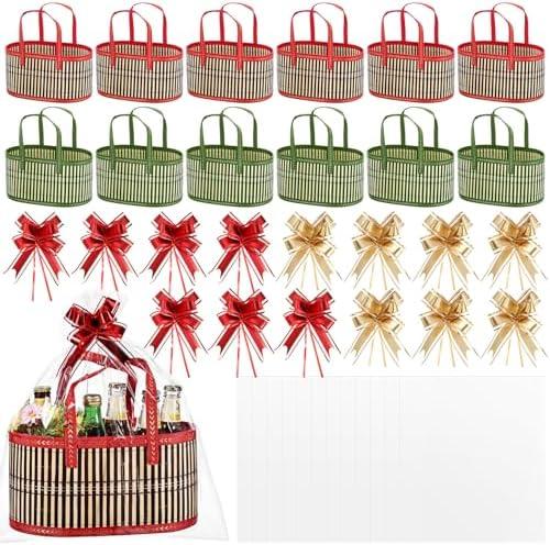 Reallnaive 11 Set Christmas Baskets for Gifts Empty Woven Bamboo Gift Basket with Handle and Gift Wrap Bag Ribbon Red Green Decorative Gifts Basket to Fill for Xmas Thanksgiving Birthday Mother's Day