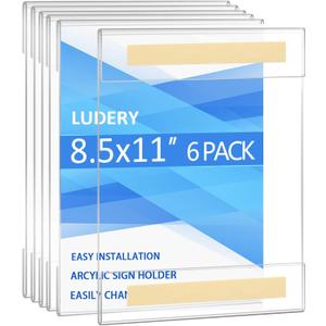 Ludery Acrylic Sign Holder 8.5 x 11 Wall Mount, Wall Mount Sign Holders, Clear Acrylic Frame with 3M Tape Adhesive, Plastic Wall Sign Holder for Office, Home, Restaurant-Vertical (6 Pack)