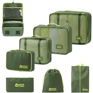 8 Piece Expandable Packing Cubes Set with Hanging Waterproof Toiletry Bag - Compression Travel Organizers for Airplane Essentials, Lightweight Luggage Storage for Carry On Suitcase (Green)