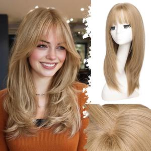 Eawwii Beginner-Friendly Wig with Bangs for Women Sandy Blonde Straight Face-Framing Layers Hairstyle 4x4 Realistic Scalp Glueless Synthetic Wigs Medium Length for Everyday Use