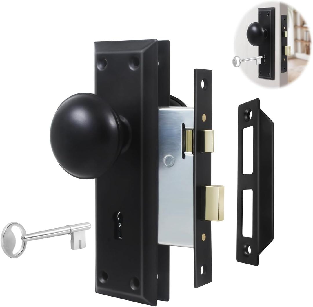 2 Pack Mortise Lock Set Interior Door with Matte Antique Door Knobs, Mortise Door Lock Wtih Skeleton Key Door Knob Set Used for 1-3/8" to 1-3/4" (35-45mm) Old Door (Matte Black)