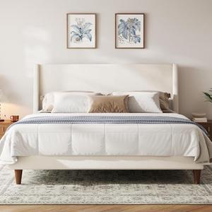 Merax Solid Wood King Size Boucle Bed Frame with Wingback Headboard, Modern Upholstered Platform with Walnut Wooden Legs, Strong Wooden Slats, No Box Spring Needed, Ivory, King Size