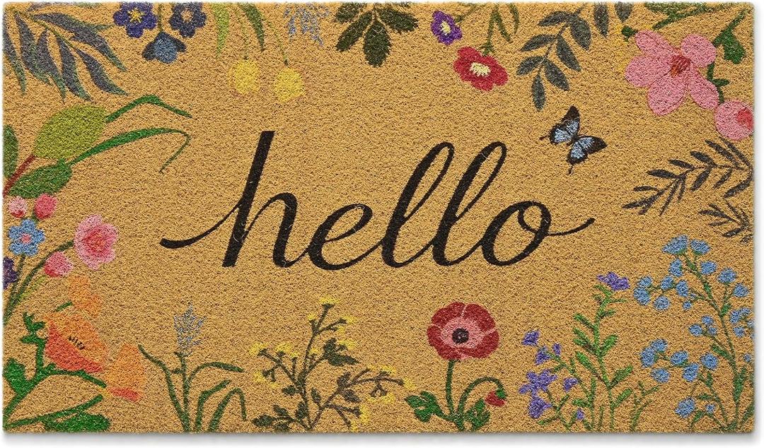 Kelarea Hello Spring Floral Door Mat, 17" x 29" Artificial Coco Coir Welcome Entry Mats with Non-Slip Backing, Easy Clean Colorful Doormat for Front Door Entrance Outside Porch Decor