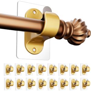 MUAKIOY (16 Pack) Gold No-Drill Curtain Rod Brackets, Self-Adhesive Adjustable Hooks for 0.5''-1.3'' Curtain Rods, Stick-On Wall Holders with Damage-Free Installation