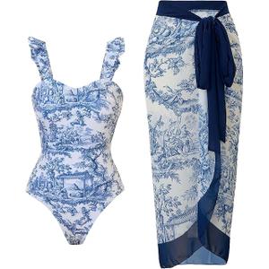 YUNAR Women Retro Deep Plunging One Piece Monokini Swimwear with Sarong Cover Up 2 pcs Set, Medium