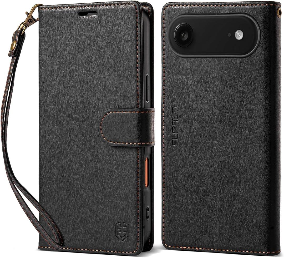 FLIPALM Wallet Case for iPhone 17 Series with Wrist Strap - PU Leather Folio Flip with Credit Card Holder & Kickstand, Protective Cover (Black, for iPhone 17 Air)