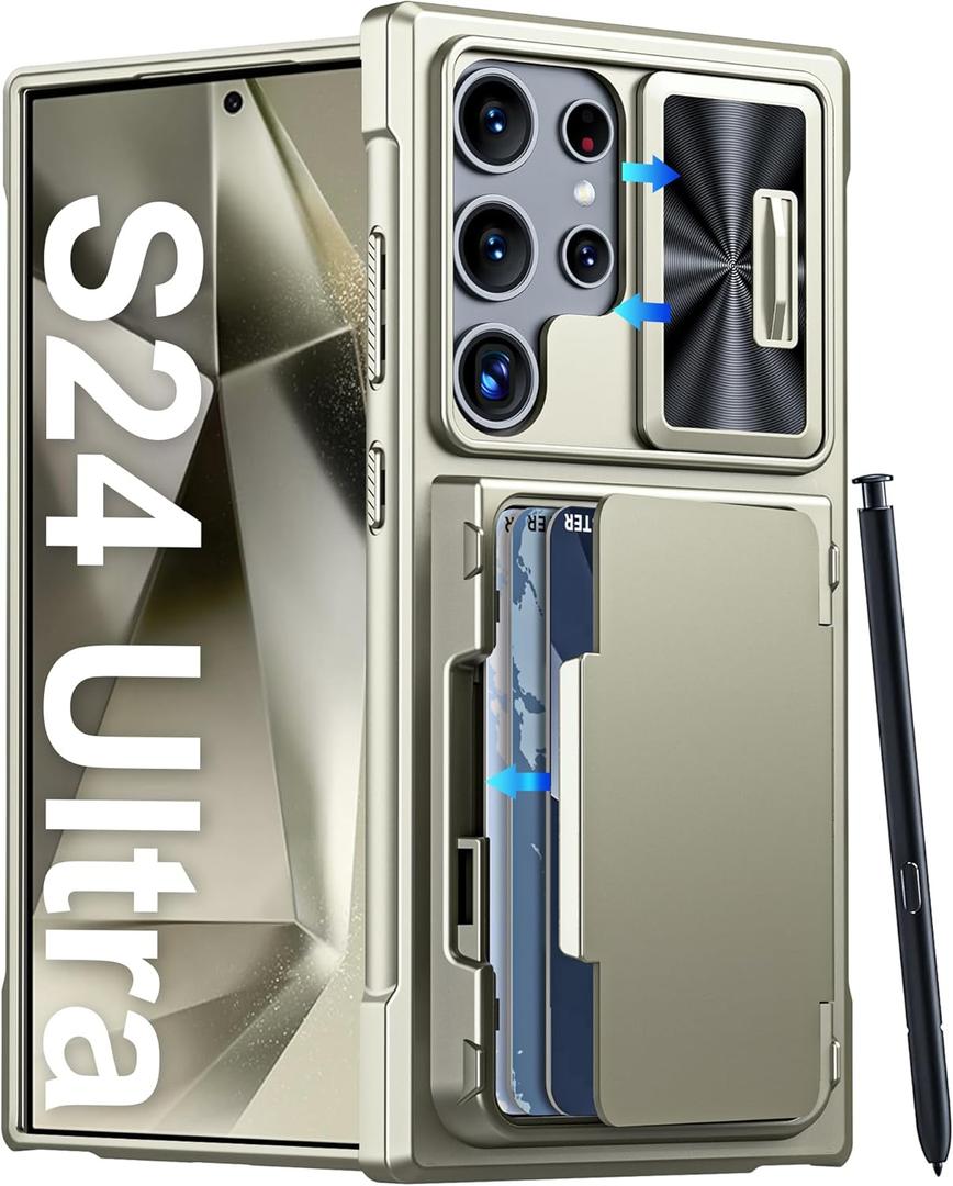 Vizvera for Samsung Galaxy S24 Ultra Wallet Case, RFID Cards Holder & Camera Cover for Women Men, Full Body Rugged Shockproof Silicone Case for S24 Ultra 6.8" 2024 Only-Natural Titanium