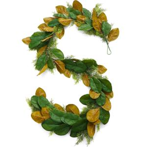 6 Ft Realistic Magnolia Garland with Artificial Faux Cedar, Brown And Green Magnolia Leaf Garland Christmas Decorations For Mantle Fireplaces Stair Xmas Holiday Party Table Decor